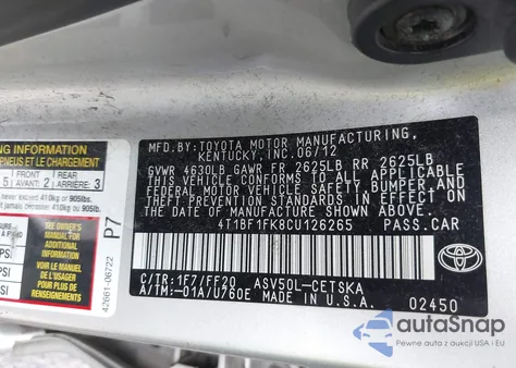 2012 Toyota Camry Se/Le/Xle from USA, damaged, VIN 4T1BF1FK8CU126265
